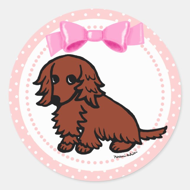 Sticker Rond Red Long Haired Dachshund 2 (Devant)