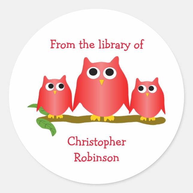 Sticker Rond Red Owls Design Bookplate (Devant)