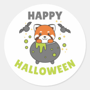Sticker Rond Red Panda Halloween Cauldron Bat Classic Rou