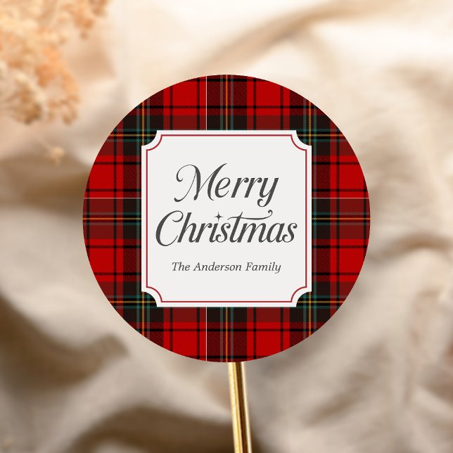 Sticker Rond Red Plaid Merry Christmas (Red Plaid Modern Merry Christmas Holiday Sticker)