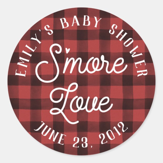 Sticker Rond Red Plaid S'more Love Baby shower Favoriser Sticke (Devant)