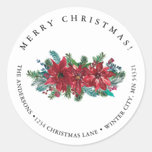 Sticker Rond Red Poinsettia Classic Joyeux Noël Adresse