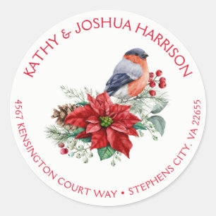 Sticker Rond Red Poinsettia Holly Pine Berries Bird Noël
