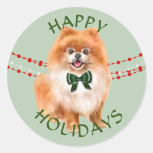 Sticker Rond Red Pomeranian Green Bow Joyeuses vacances