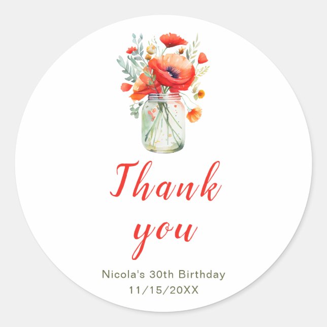 Sticker Rond Red Poppies Mason Jar Anniversaire (Devant)