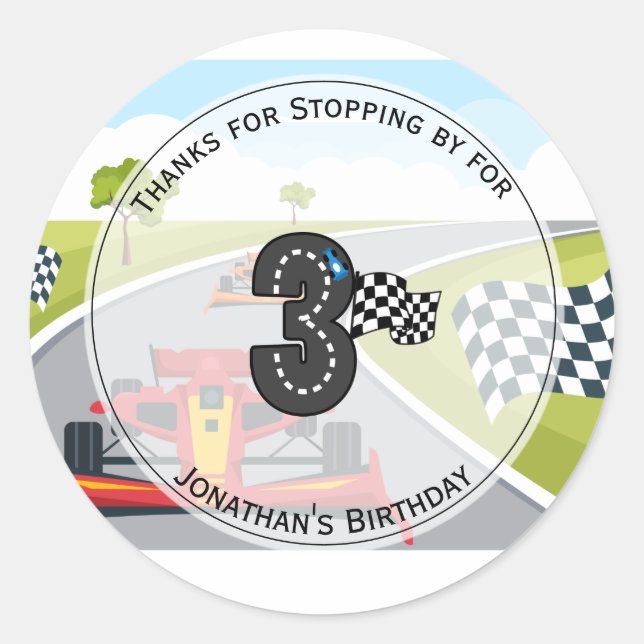 Sticker Rond Red Race Car 3e fête d'anniversaire (Devant)