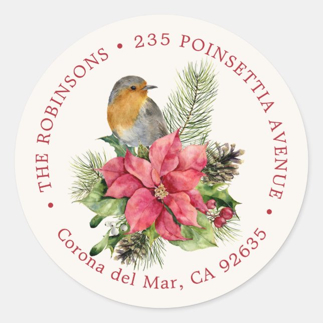 Sticker Rond Red Robin, Poinsettia Adresse de retour Label (Devant)