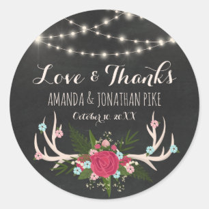 Sticker Rond Red Rose Antlers - Rustic Mariage Love & Thanks