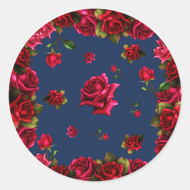 Sticker Rond Red Roses Blue Shabby Chic Mariage Fête Favoriser (Devant)