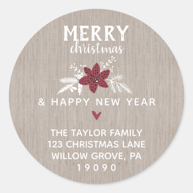 Sticker Rond Red Rustic Joyeux Noël Adresse de retour (Devant)