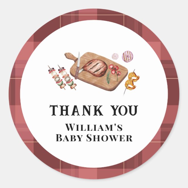 Sticker Rond Red Rustic Plaid Country Baby Q Baby shower (Devant)