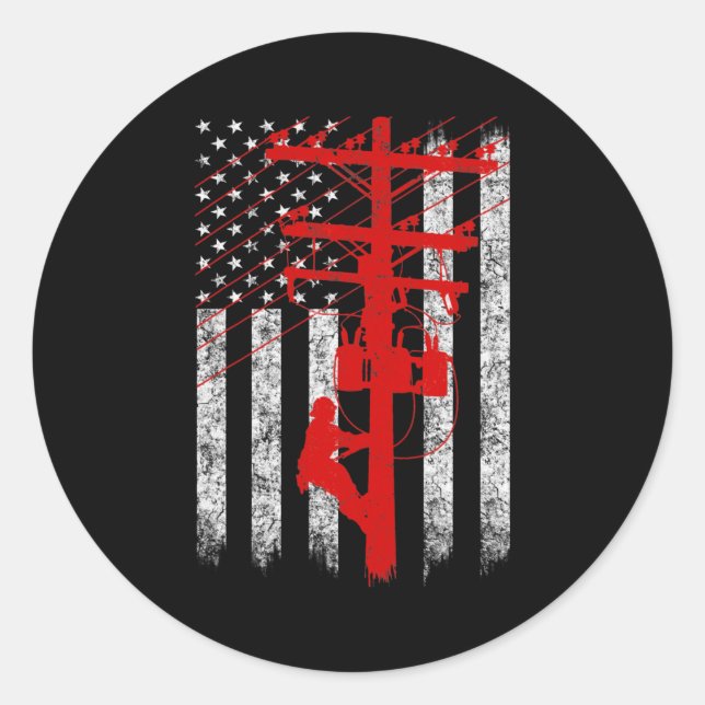 Sticker Rond Red Silhouette American Flag Lineman Electrician  (Devant)