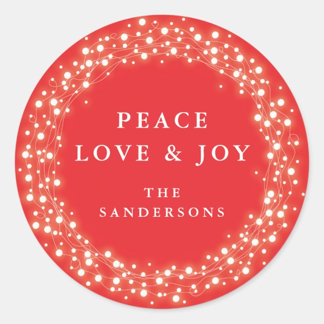 Sticker Rond Red Sparkling Lights Peace Love + Joie Christmas (Devant)