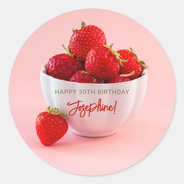 Sticker Rond Red Strawberries Photo On Pink Happy Birthday (Devant)