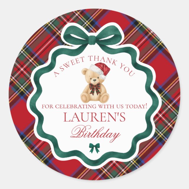 Sticker Rond Red Tartan Plaid Christmas Bear Birthday Favor (Devant)
