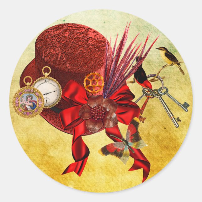 Sticker Rond Red Top Chapeau oiseaux montre de poche Steampunk  (Devant)