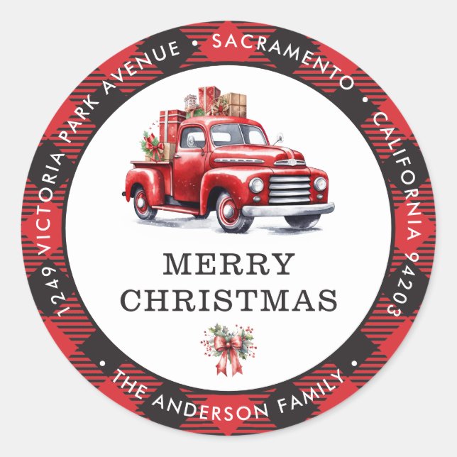 Sticker Rond Red Truck Joyer Noël Plaid Adresse de retour (Devant)