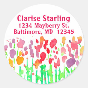 Sticker Rond Red Watercolor Fleurs sauvages Adresse de retour