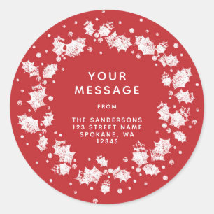 Sticker Rond Red + White Christmas Holly Wreath Return Adresse