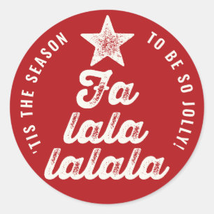 Sticker Rond Red/White Falalalala Bold Script Tree Fun Holiday