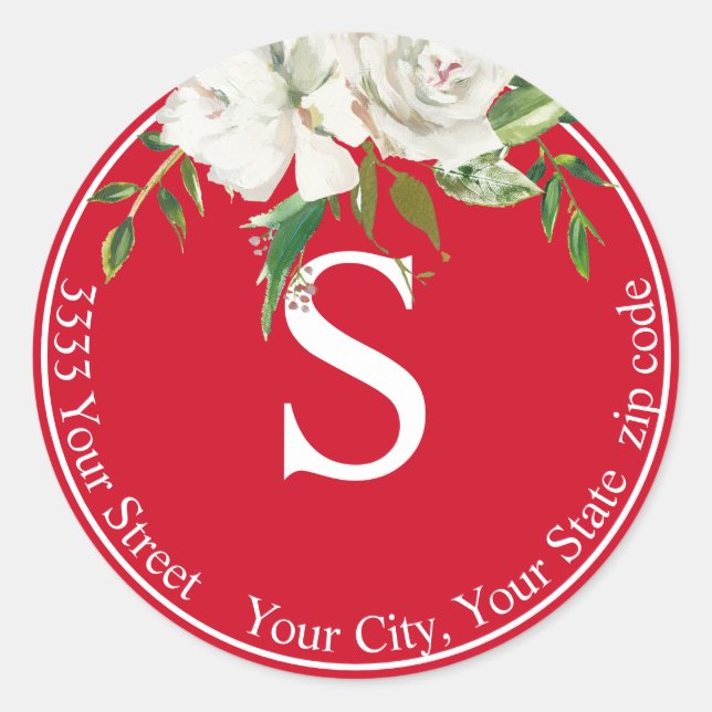 Sticker Rond Red White Floral Monogram Adresse de retour (Devant)