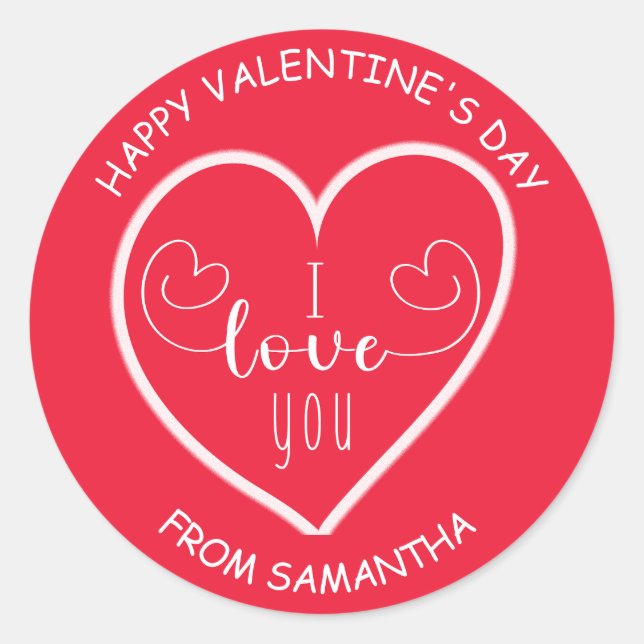 Sticker Rond Red White Heart I Love You Happy Valentine's (Devant)