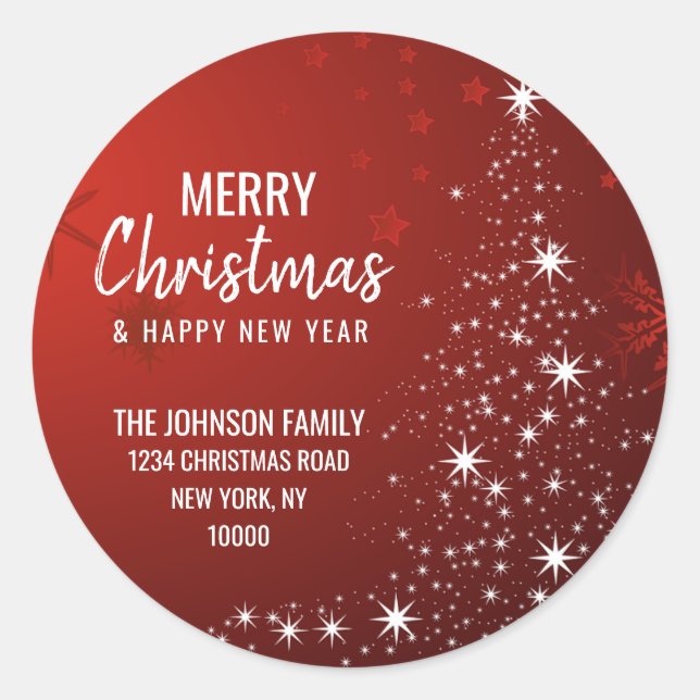 Sticker Rond RED White MERRY CHRISTMAS Tree Adresse de retour (Devant)