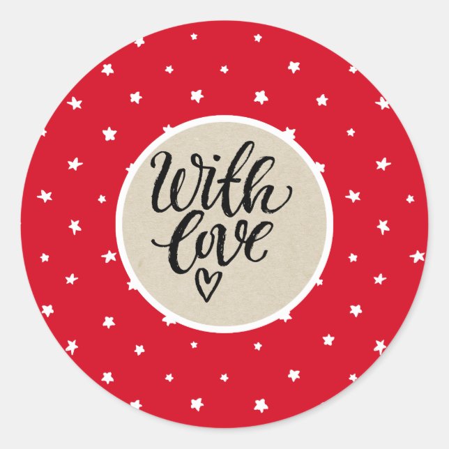 Sticker Rond Red White Stars Whimsical Rustic Kraft Avec Amour (Devant)