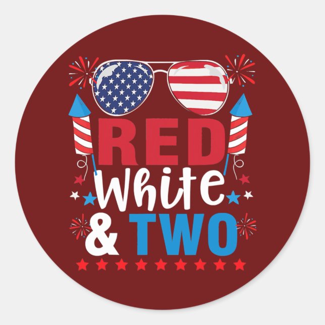 Sticker Rond Red White Two Funny 2e anniversaire 4 juillet garç (Devant)