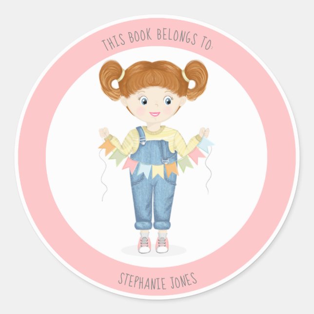 Sticker Rond Redhead Girl in Overalls Ce livre appartient à (Devant)