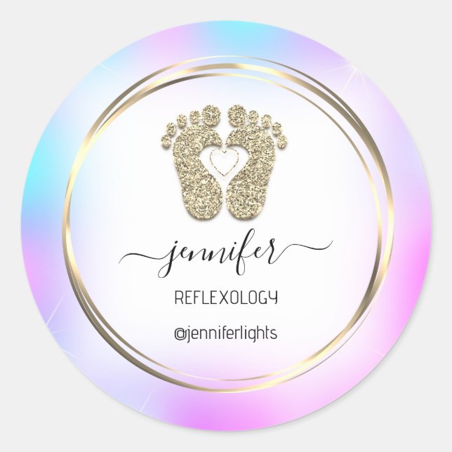 Sticker Rond Reflexologie coeur Pieds Or Holographe Or Cadre (Devant)