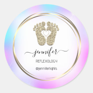 Sticker Rond Reflexologie coeur Pieds Or Holographe Or Cadre