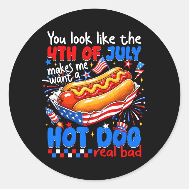 Sticker Rond Regardez comme le 4 juillet drôle de hot-dog améri (Devant)