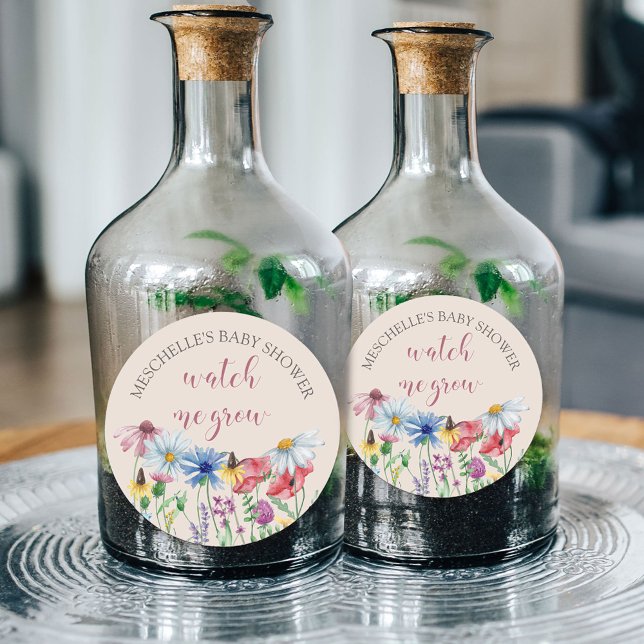 Sticker Rond Regardez-moi le Baby shower Fleur sauvage de pays  (Watch me Grow favor stickers for country floral baby shower from my Wildflower Charm collection)