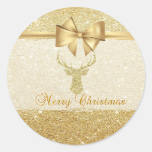 Sticker Rond Reindeer de Noël tendance, Bow d'or Faux, Glitteri