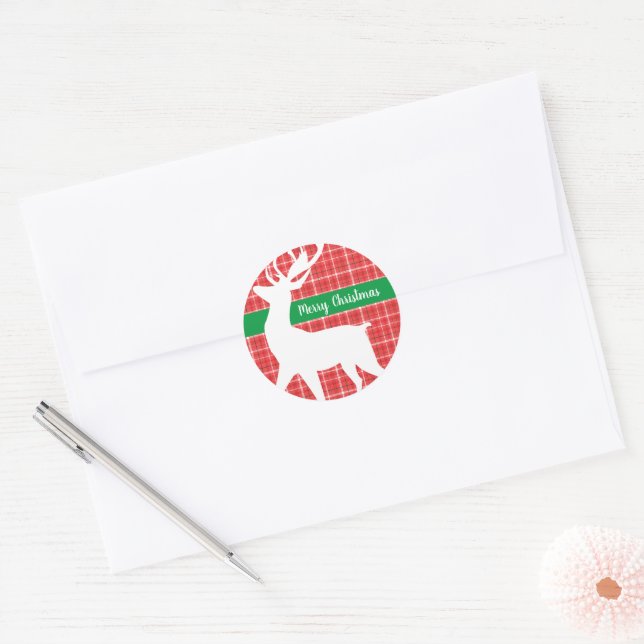 Sticker Rond Reindeer Red Plaid Twill Motif Joyeux Noël (Enveloppe)