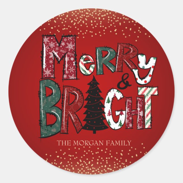 Sticker Rond Reindeer, Snowman, Confetti Red Merry et Bright (Devant)