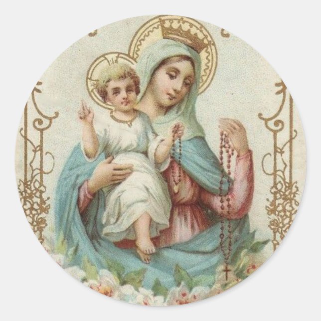Sticker Rond Reine couronnée du Ciel Enfant Jésus avec Rosaire (Devant)