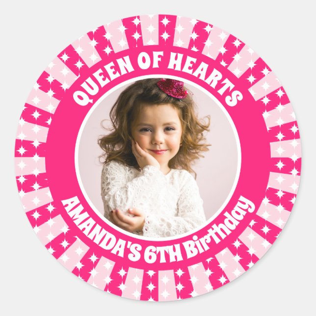 Sticker Rond Reine Des Coeurs Rose Retro Photo Anniversaire (Devant)
