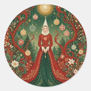 Sticker Rond Reine des elfes de la forêt enchantée de Noël