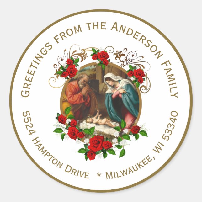 Sticker Rond Religieuse Vierge Marie Jésus Nativité de Noël (Devant)