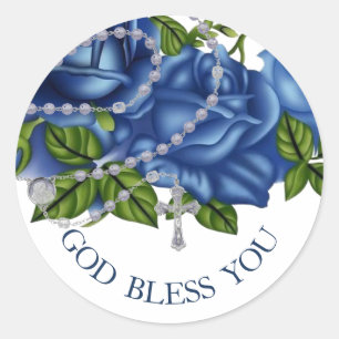 Sticker Rond Religieux Bleu Roses Rosaire Elegant Cross