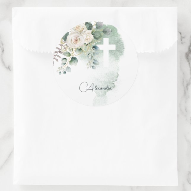 Sticker Rond Religieux Elegant Rose Green Wash Cross (Sac)