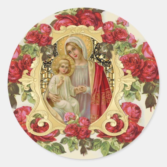 Sticker Rond Religieux Élégante Vierge Marie Jésus Roses rouges (Devant)