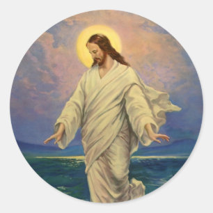 Sticker Rond Religion vintage, Jésus Christ marche sur l'eau