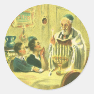 Sticker Rond Religion Vintage, Judaïsme, Allumer la Menorah