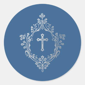 Sticker Rond Religious Classic Blue Faux Silver Cross in Crest 
