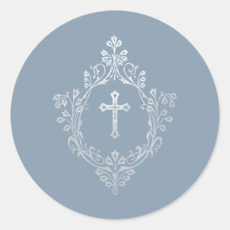 Sticker Rond Religious Dusty Blue Faux Silver Cross in Crest