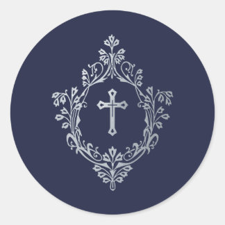 Sticker Rond Religious Navy Blue Faux Silver Cross in Crest 
