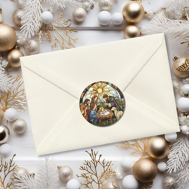 Sticker Rond Religious Stained Glass Nativity Holiday (Religious Stained Glass Nativity Holiday Classic Round Sticker)